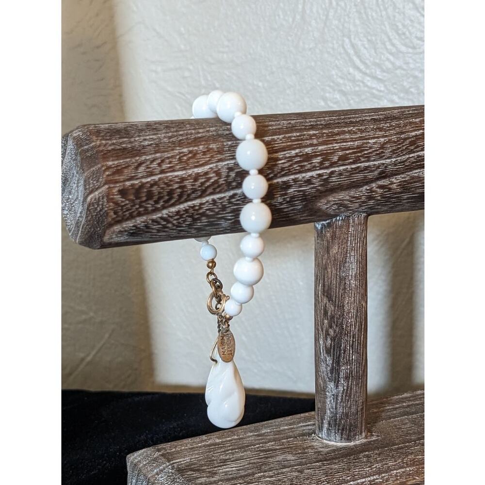 Miriam Haskell White Milk Glass Bead Dangle Charm Safety Chain Signed Bracelet